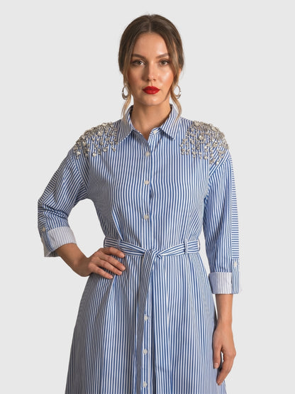 Exude Riviera Embellished Stripe Shirt Maxi Dress