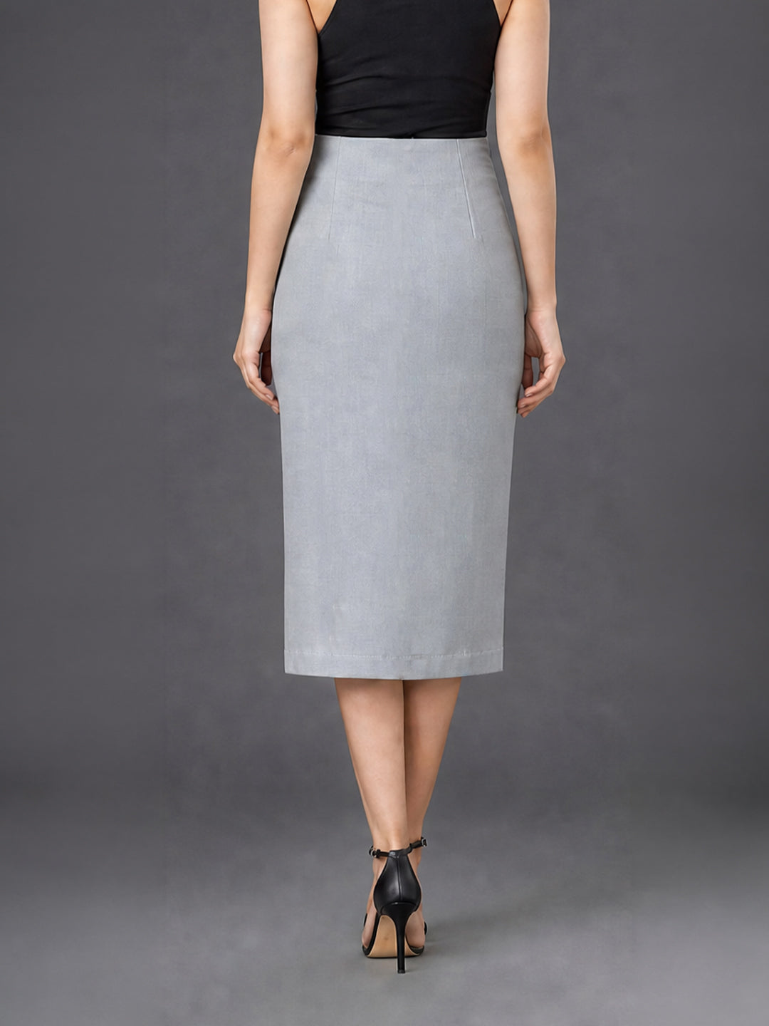 Grey High-Waist Midi Pencil Skirt with Front Slit