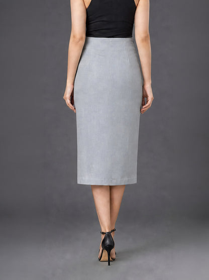 Grey High-Waist Midi Pencil Skirt with Front Slit
