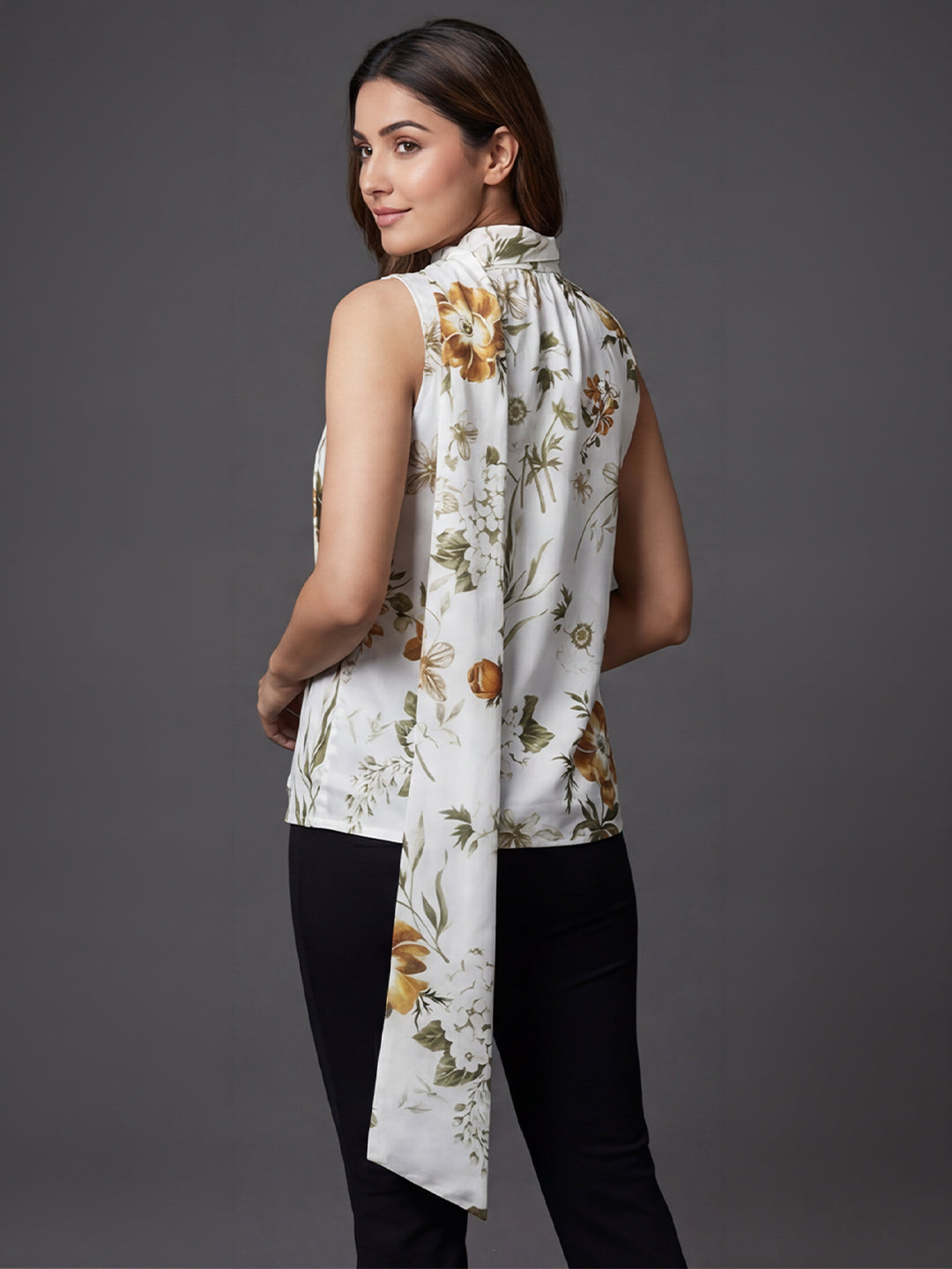 Ivory Floral Print Sleeveless Top with Attached Scarf