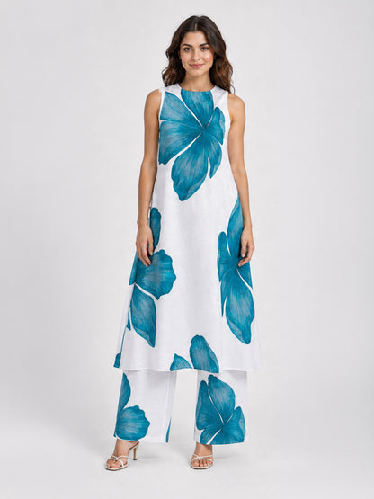 White Teal Floral Print Sleeveless Kurta Palazzo Set