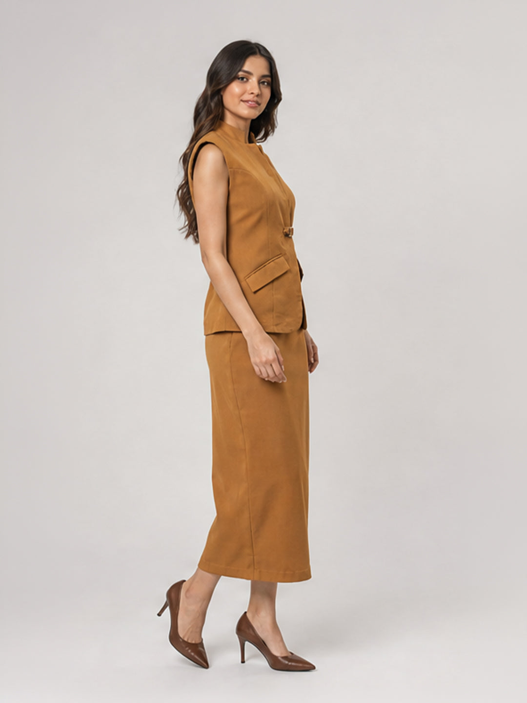 Buckle-Detail Peplum Top &amp; Pencil Skirt Set