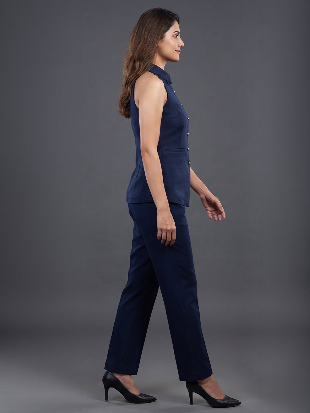 Navy Blue Halter Collar Top &amp; Straight Leg Trouser Co-ord Set