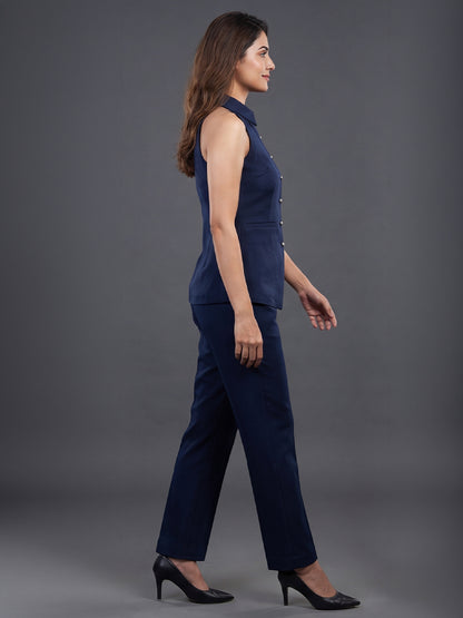Navy Blue Halter Collar Top &amp; Straight Leg Trouser Co-ord Set