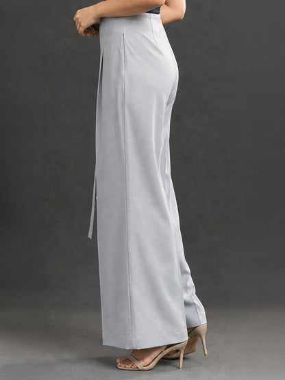 Grey High-Waist Wide Leg Trousers with Tie Belt
