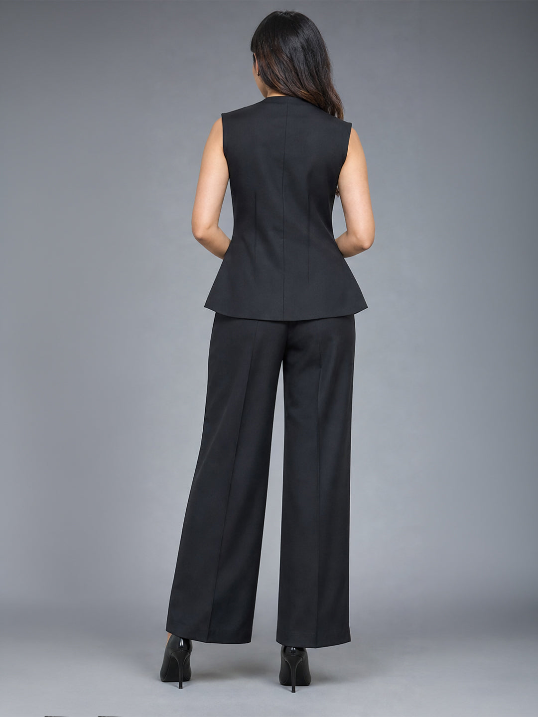 Black Asymmetric Waistcoat Top &amp; Wide Leg Trouser Co-ord Set with Gold Button Detail