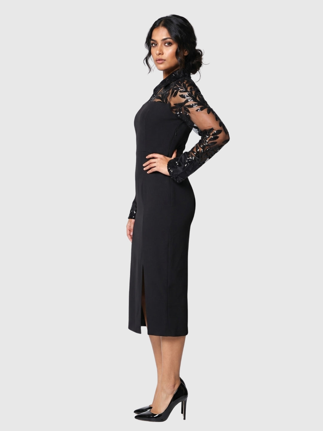 Exude Marina Noir Sequin Sheer-Sleeve Dress