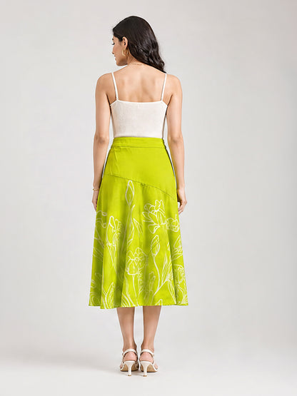 Lime Green Floral Line Art A-Line Midi Skirt
