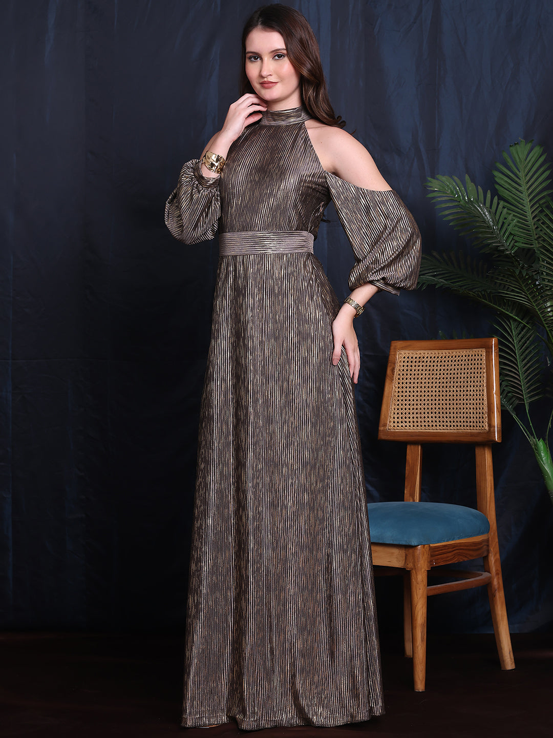Exude Ethereal Glam Halter Gown With Hanging Sleeve