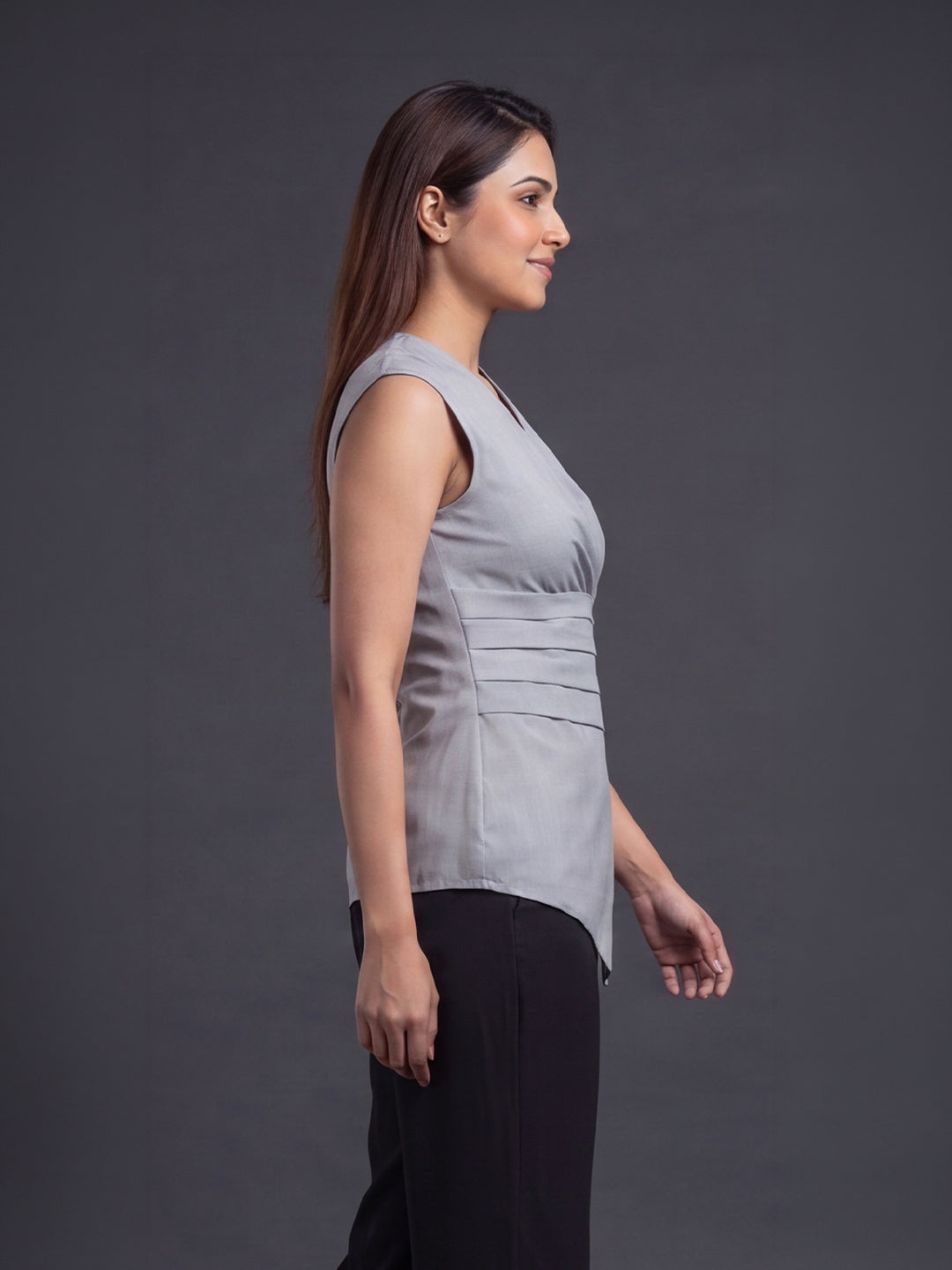Grey Wrap-Style Sleeveless Top with Pleated Waistband
