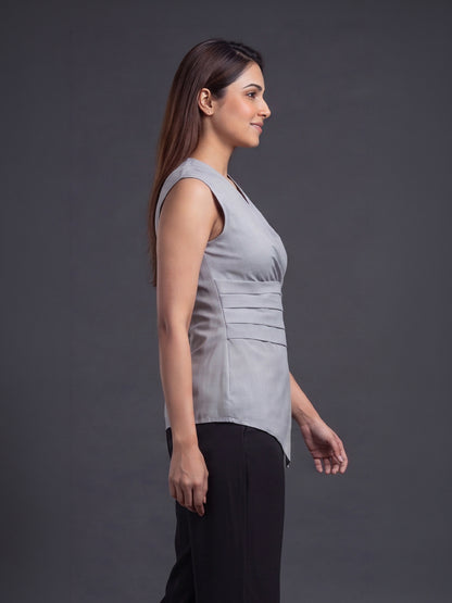 Grey Wrap-Style Sleeveless Top with Pleated Waistband