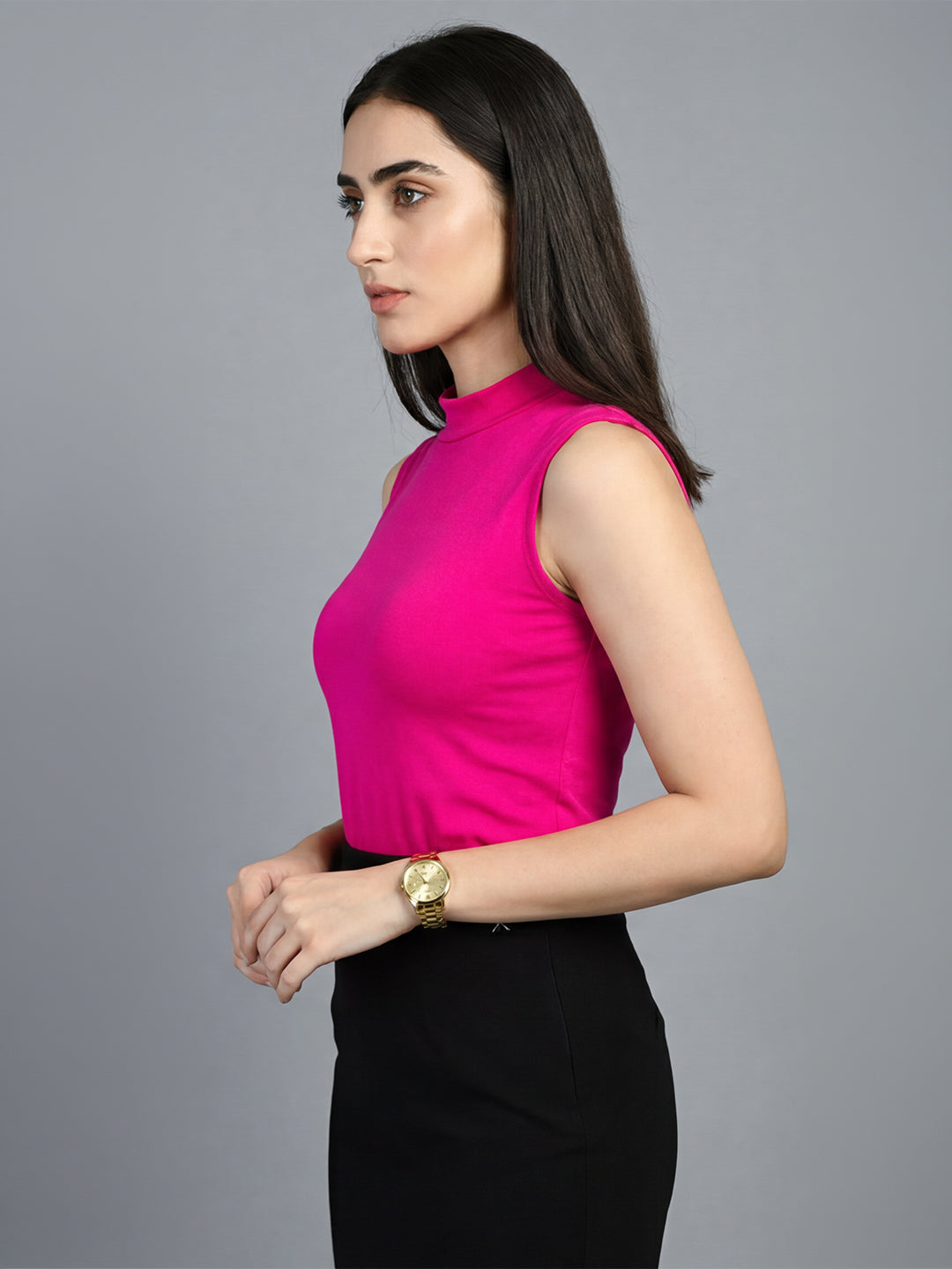 Exude Charm High-neck Sleeveless T-shirt (Hot Pink)
