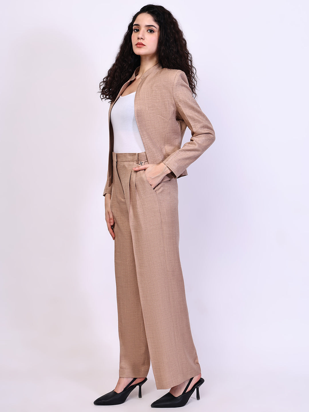 Exude Power Mandarin Collar Linen Blazer with Straight Fit Trousers (Beige)