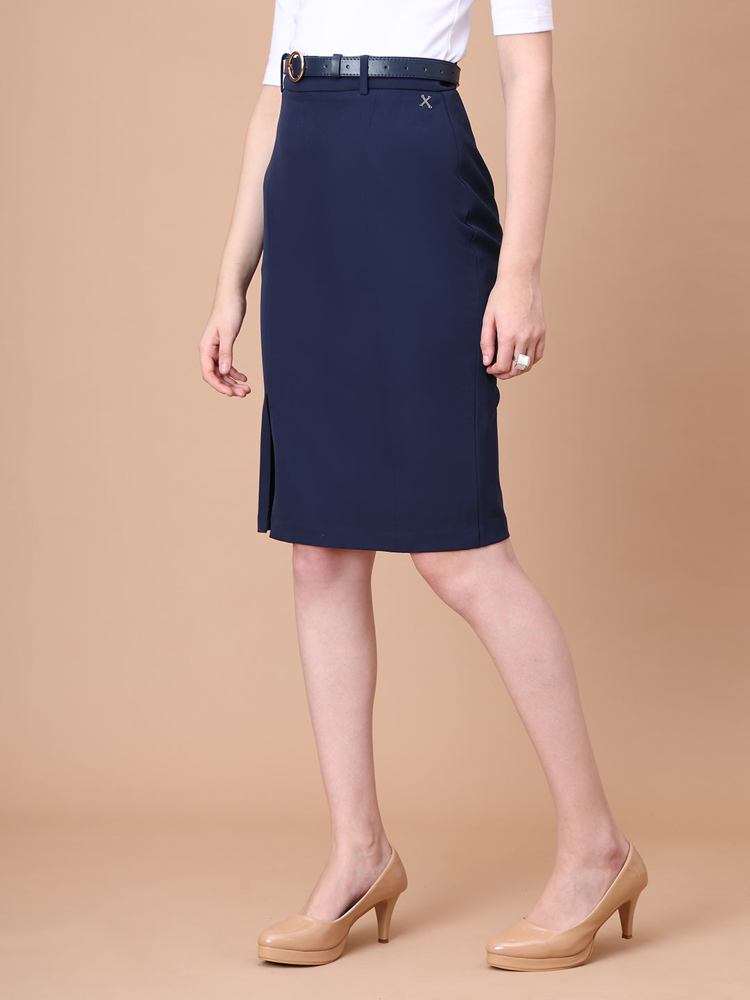 Exude Courageous Spirit Knee Length Front Slit Skirt with Belt (Navy)
