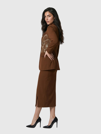 Exude Mocha Grace Embroidered Blazer Skirt Set