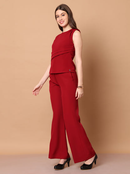 Exude Power in Motion Side and Shoulder Pleat Top Paired with Bootcut Trousers (Red)