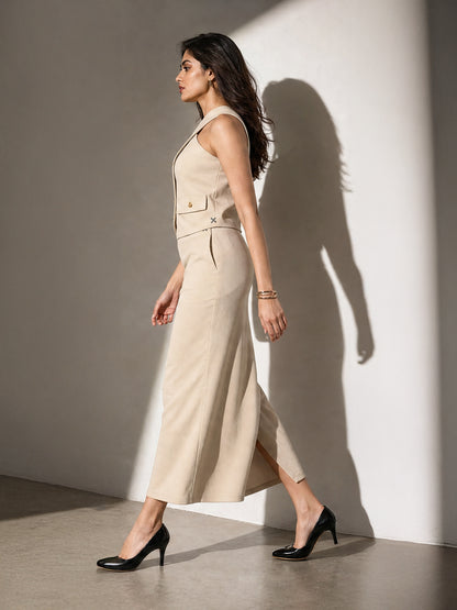Exude Runway-Ready Long Skirt with Halter Top (Beige)