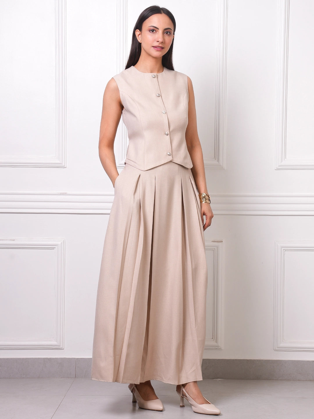 Beige Linen Pearl Button Vest &amp; Pleated Maxi Skirt Co-ord Set