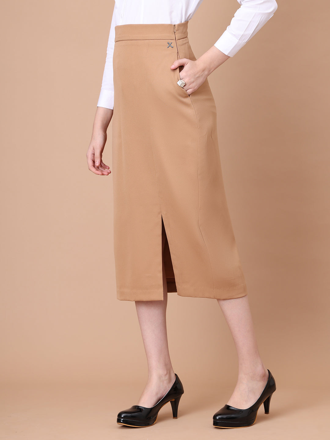 Exude Unstoppable Grace Midi Skirt With Front Slit (Beige)