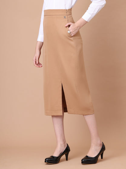 Exude Unstoppable Grace Midi Skirt With Front Slit (Beige)