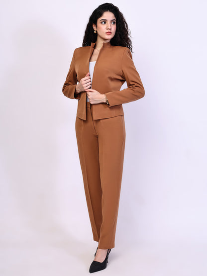 Exude Power Mandarin Collar Short Blazer with with Straight Fit Trousers (Tan)