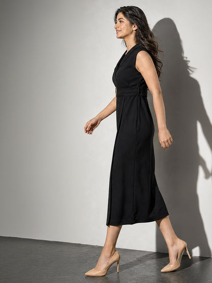 Noir Shawl-Collar Belted Wrap Dress