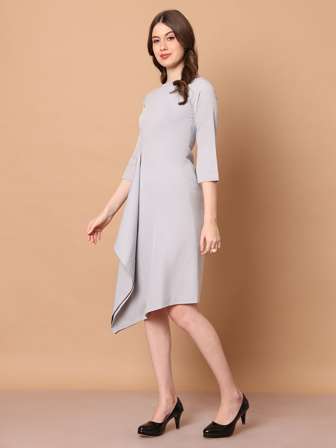 Exude Sunlit Drape Dress With Sleeves (Grey)