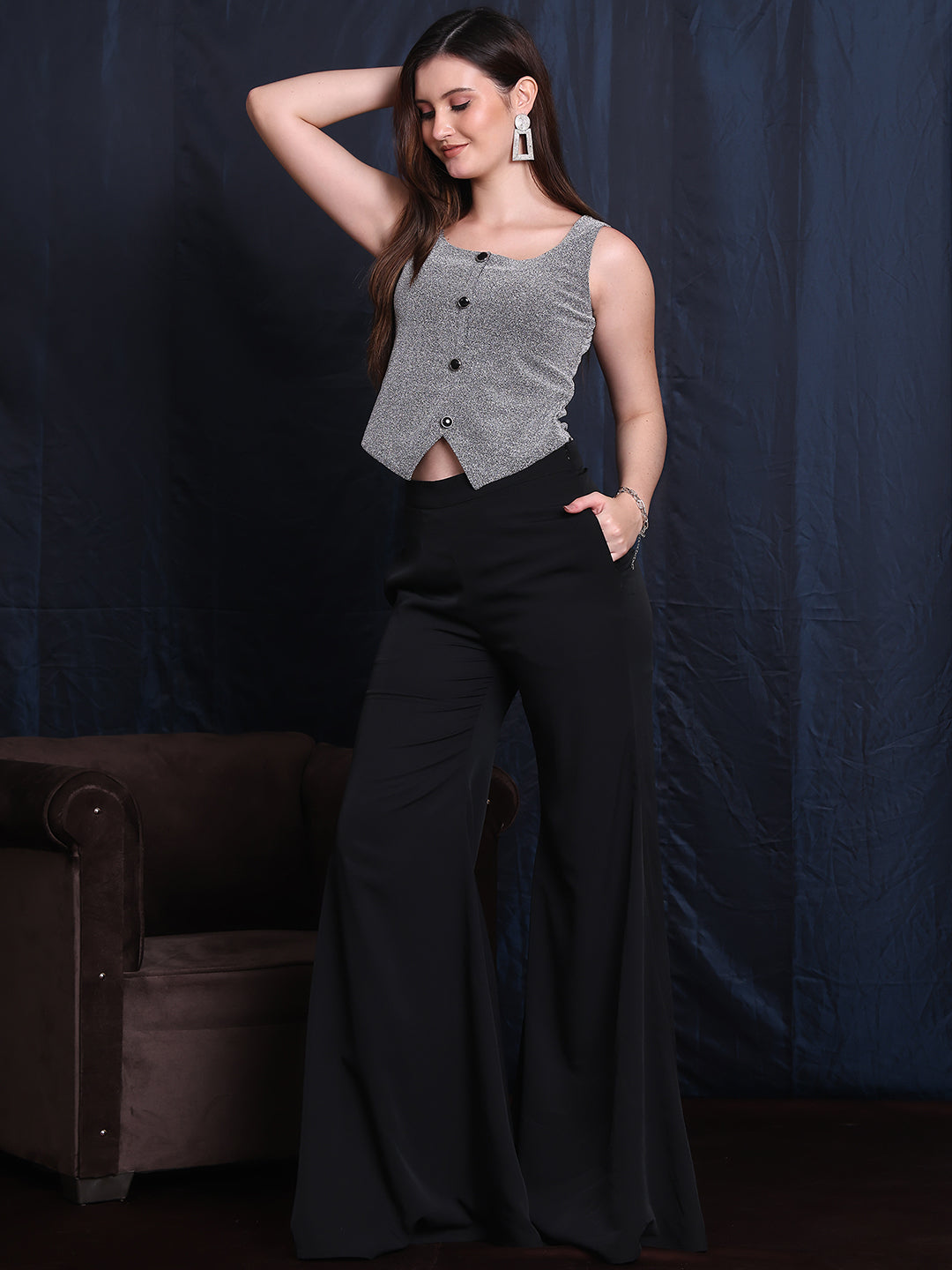 Exude Starlit Elegance 2 Piece Co-ord Set, Silver Waistcoat and Black Chiffon Trouser