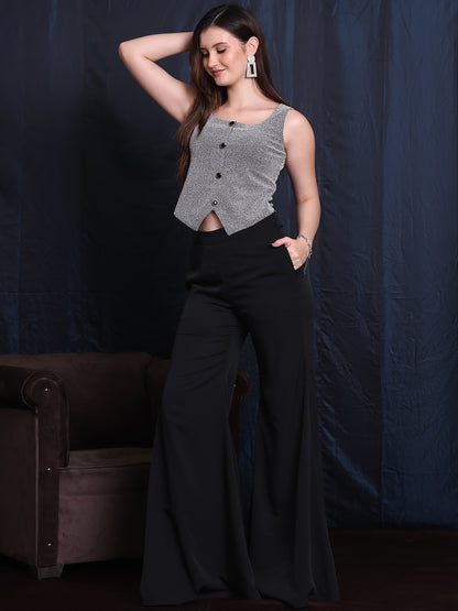 Exude Starlit Elegance 2 Piece Co-ord Set, Silver Waistcoat and Black Chiffon Trouser