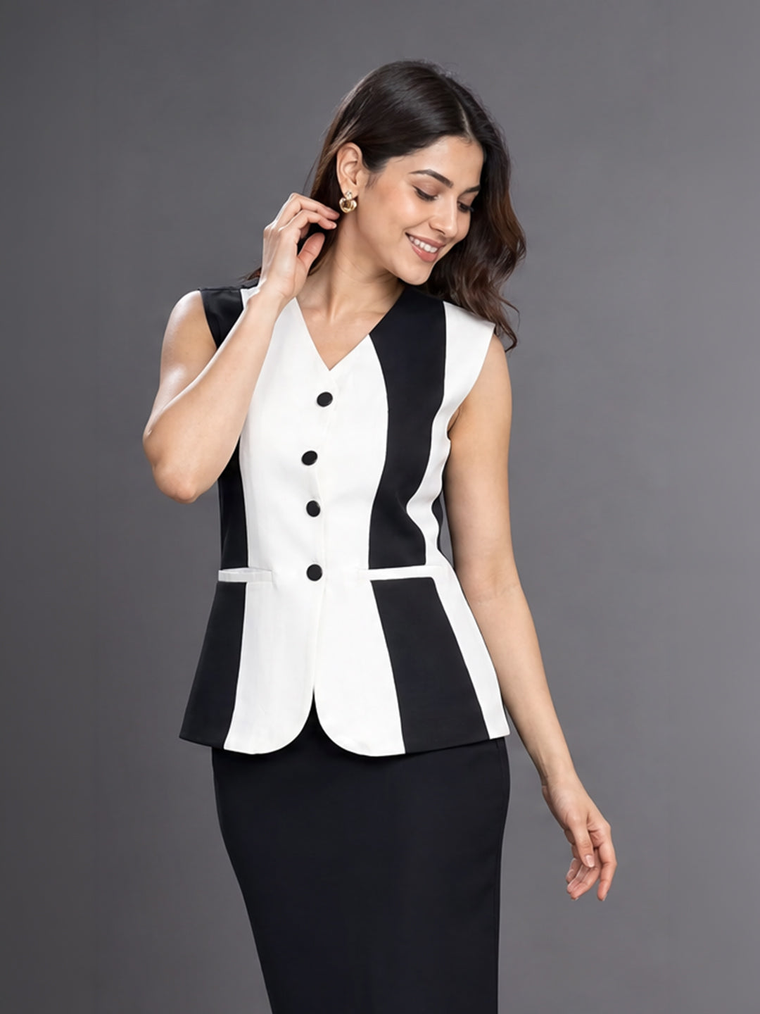 Black &amp; White Colour blocked Button-Down Waistcoat Top