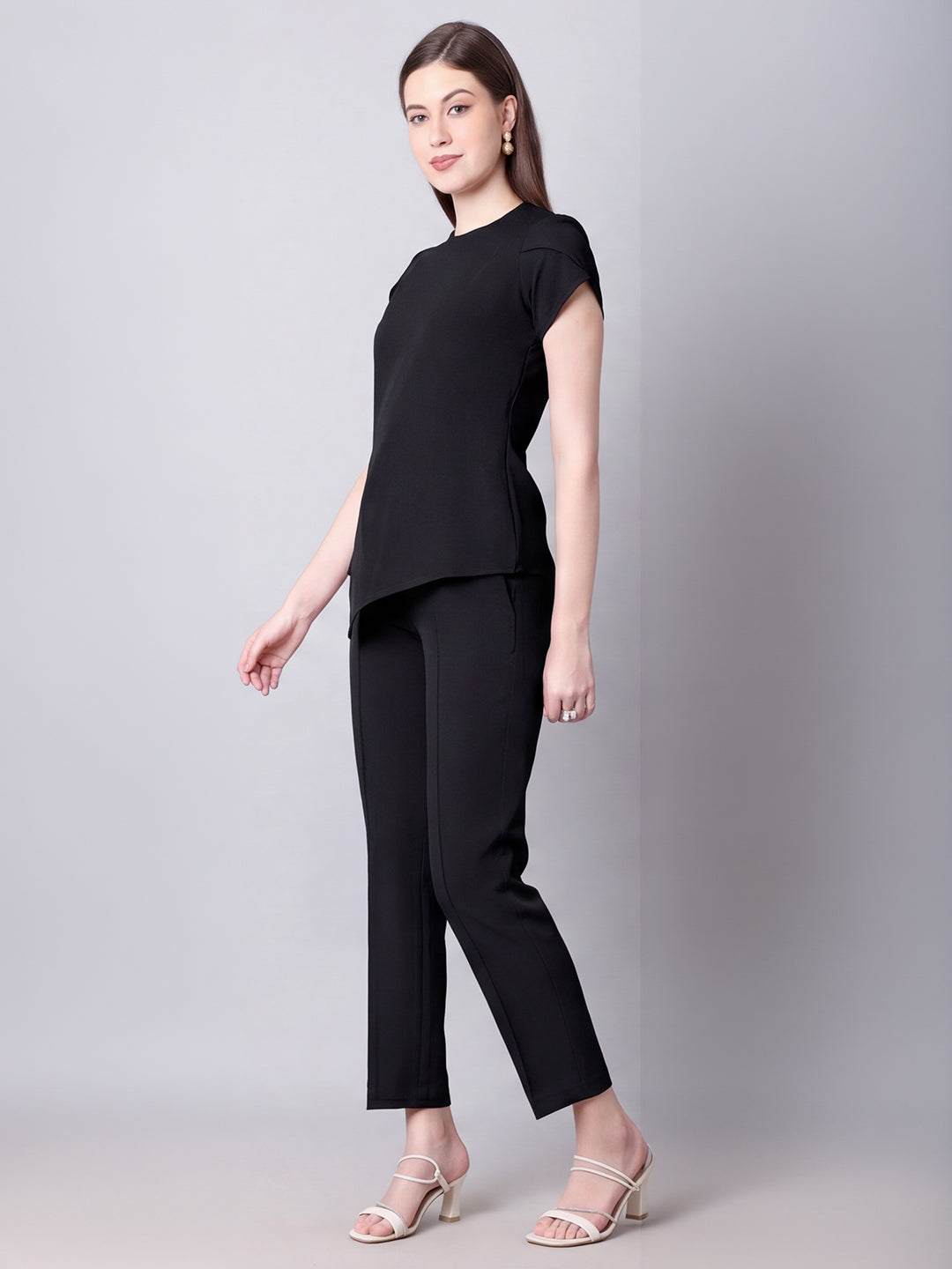 Exude Iconic Asymetrical Top with Straight Fit Trouser Co-ord (Black)