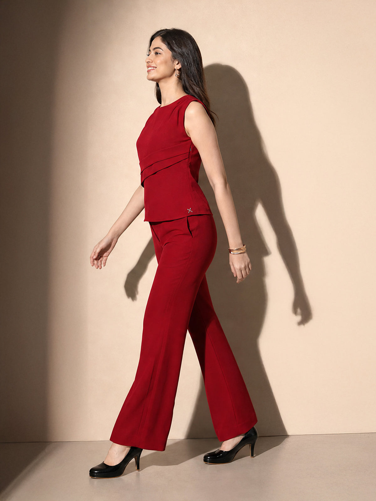 Exude Power in Motion Side and Shoulder Pleat Top Paired with Bootcut Trousers (Red)