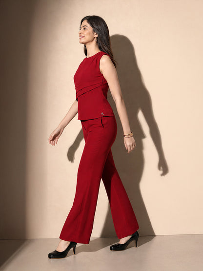 Exude Power in Motion Side and Shoulder Pleat Top Paired with Bootcut Trousers (Red)