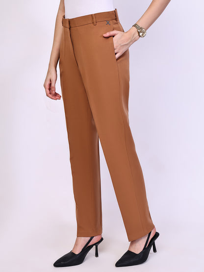 Exude Timeless Threads Straight Fit Trousers with Pockets Tan Brown 