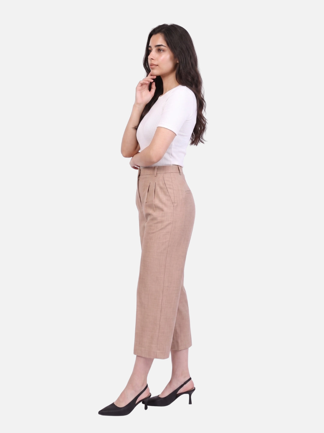 Beige Linen Blend High-Waist Pleated Culottes