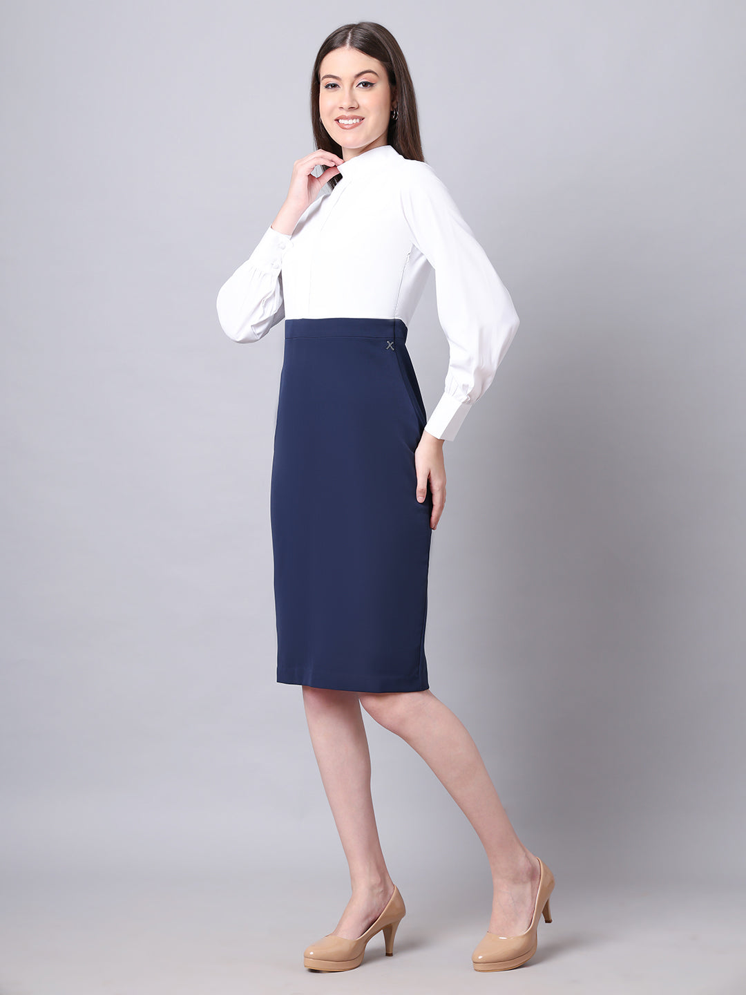 Exude Show-Stopping Colour Block with High Neck Dress (Navy)