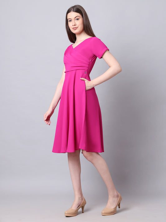 Exude Intrepid V-Neck Front Pleat Dress with Pockets (Fuchsia)