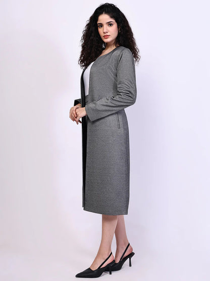 Exude Crowned Confidence Long Blazer and Midi A-line Skirt Black-White Co-ord Sets