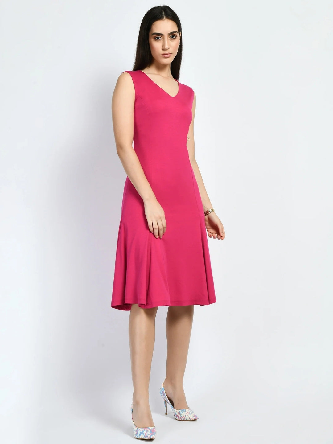 Exude Appeal Flared V-neck Dress Hot Pink Dresses