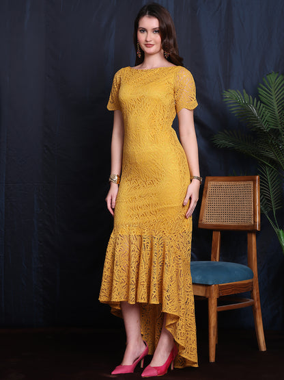 Exude Moonlit Luxe High Low Lace Dress With Short Sleeve