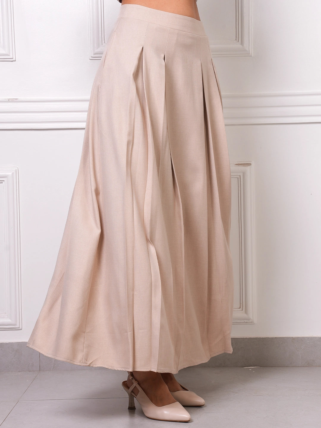 Beige Linen Pleated A-Line Maxi Skirt