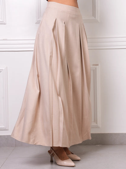 Beige Linen Pleated A-Line Maxi Skirt