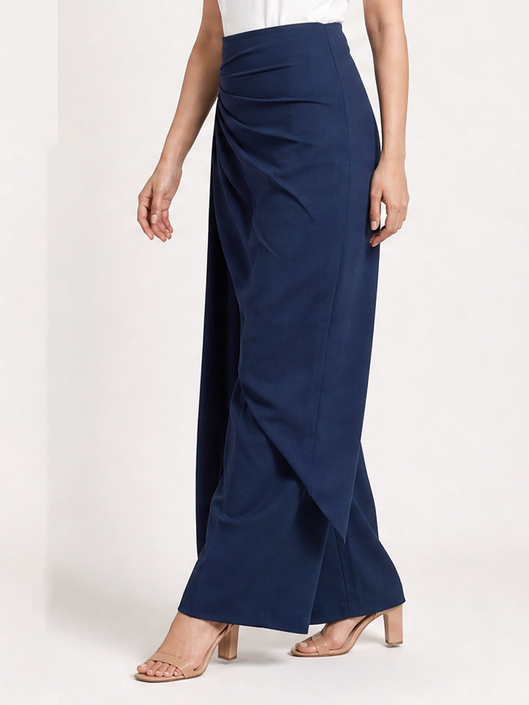 Navy Blue Draped Wrap Wide Leg Trousers with Tie Detail