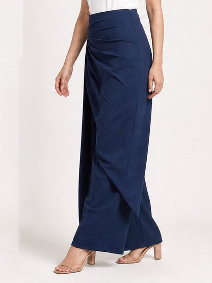 Navy Blue Draped Wrap Wide Leg Trousers with Tie Detail