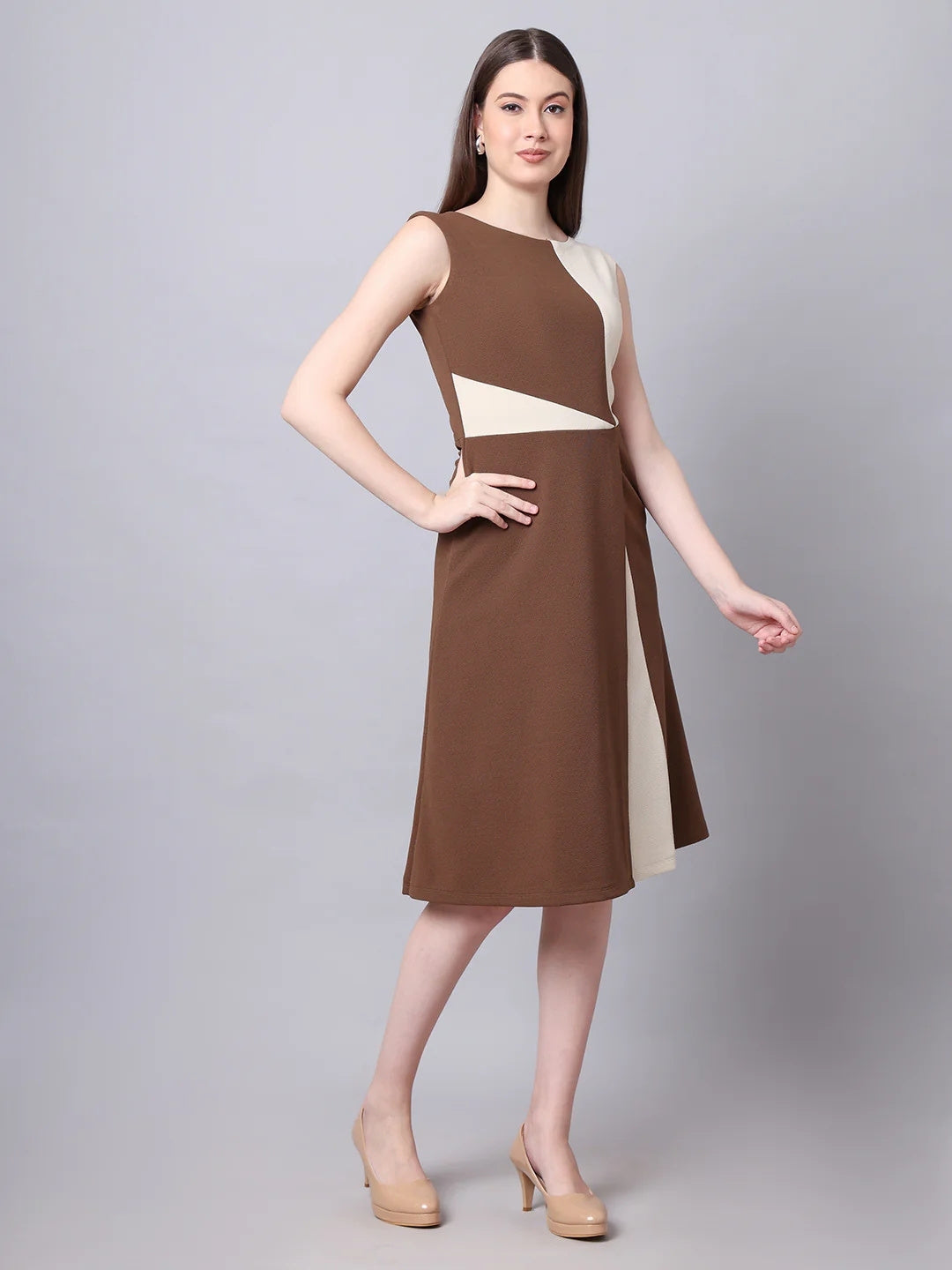 Exude Vibrant Versatility Colour Block A-line Dress Coffee Dresses