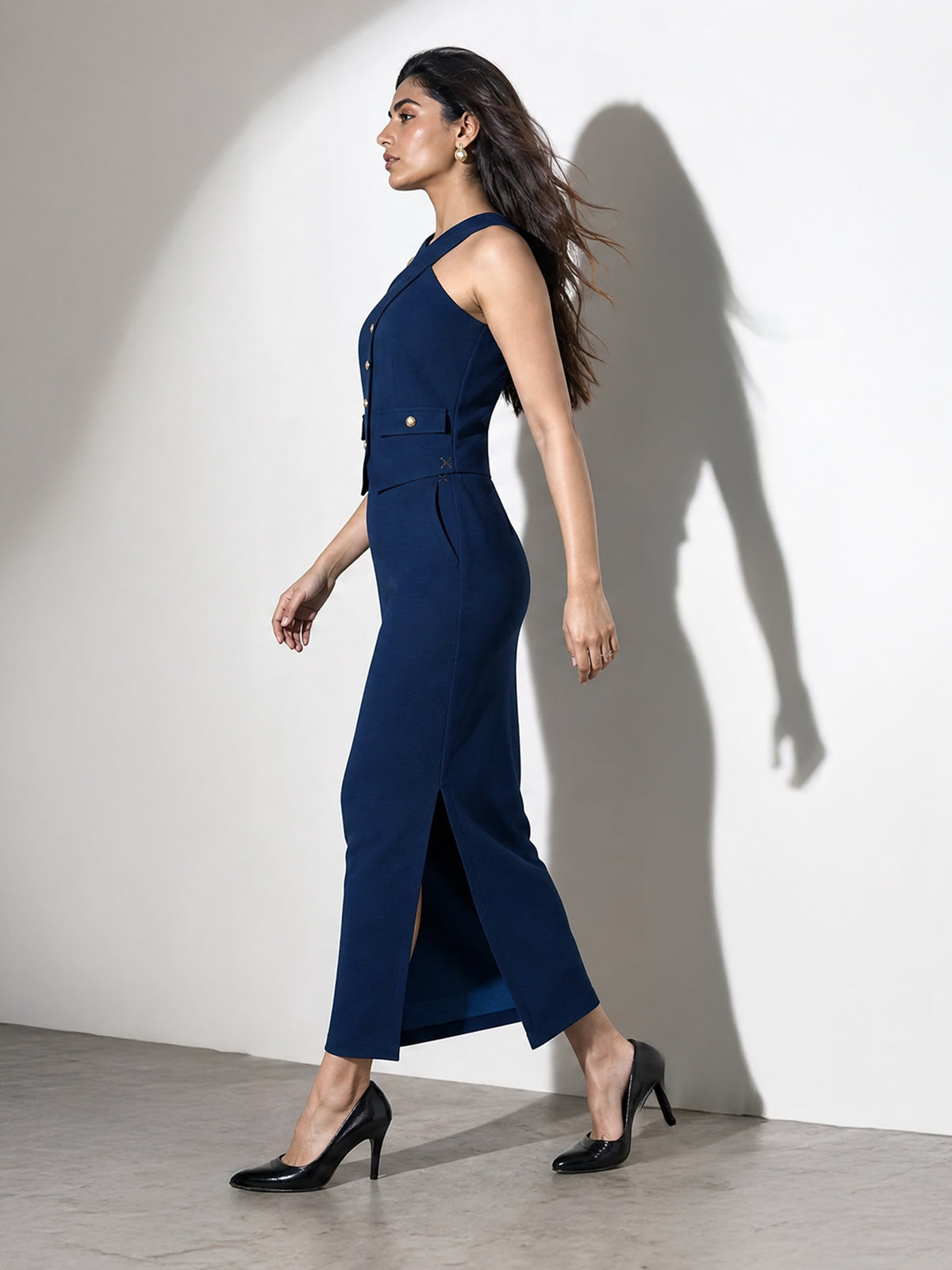Exude Runway-Ready Long Skirt with Halter Top (Royal Blue)