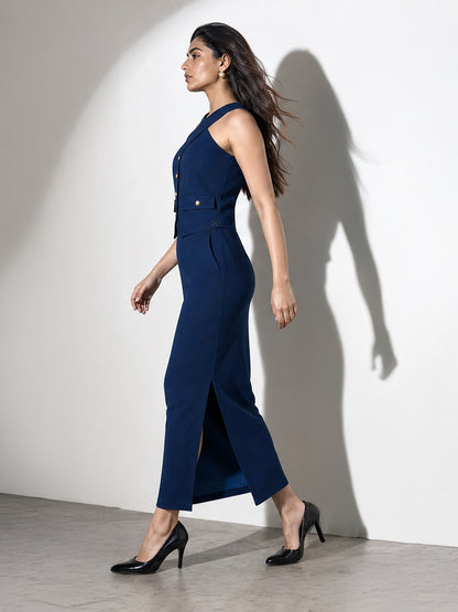 Exude Runway-Ready Long Skirt with Halter Top (Royal Blue)