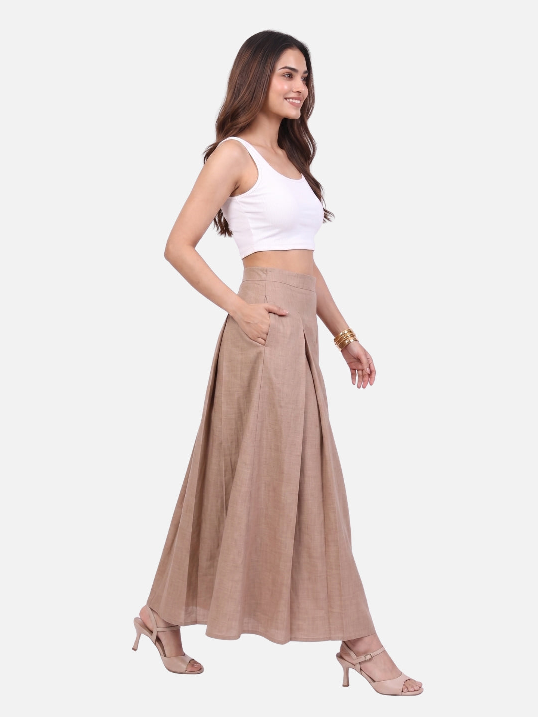Beige Linen Pleated A-Line Maxi Skirt