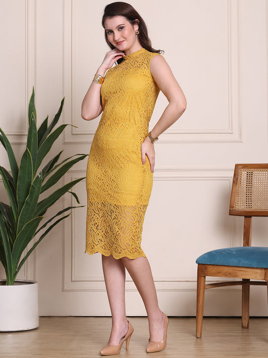 Exude Lace Nights Mustard Lace Sheath Dress With High-neck Line 