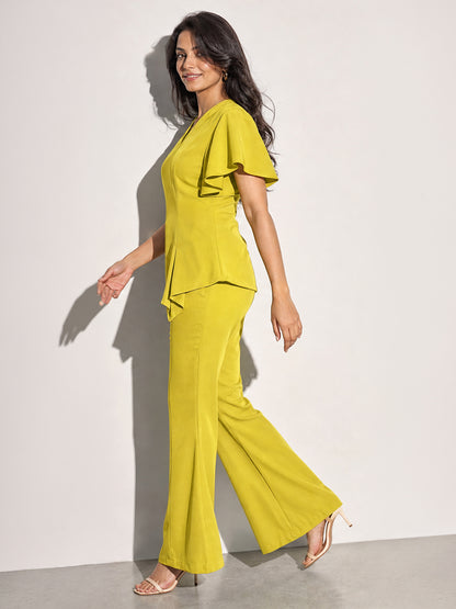 Lime Green Flutter Sleeve Top &amp; Flared Pants Co-ord Set